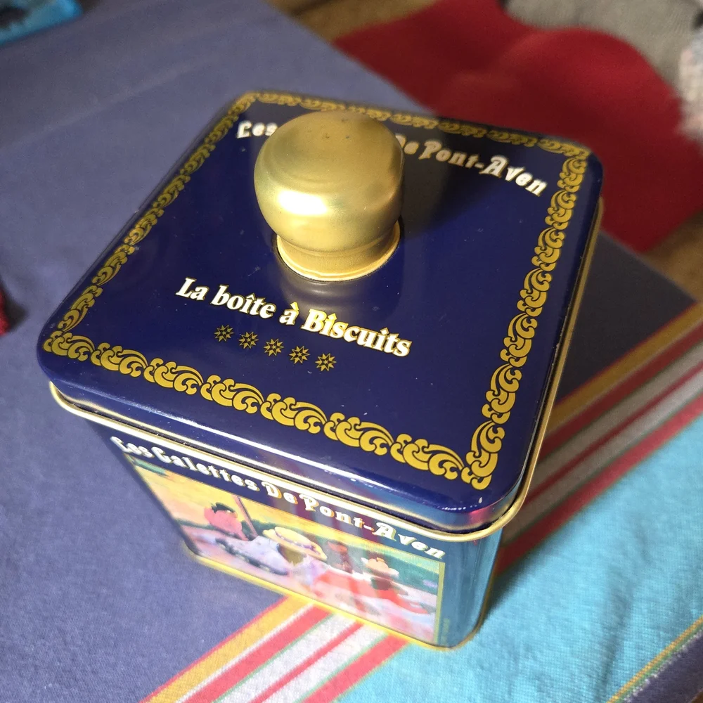Vintage French Biscuit Tin, Blue and Gold, Top Knob, Les Galette De Pont Aven